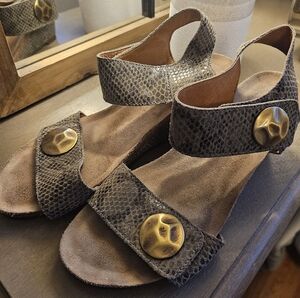 Taos Footwear Brown Snake-Print Slingback Sandals with Brass Accents